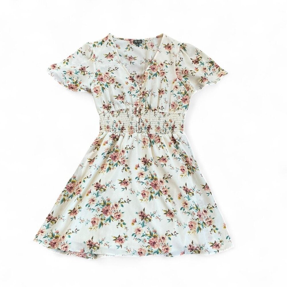 Lily Rose Floral Mini Dress in Light Blue with Pink Roses